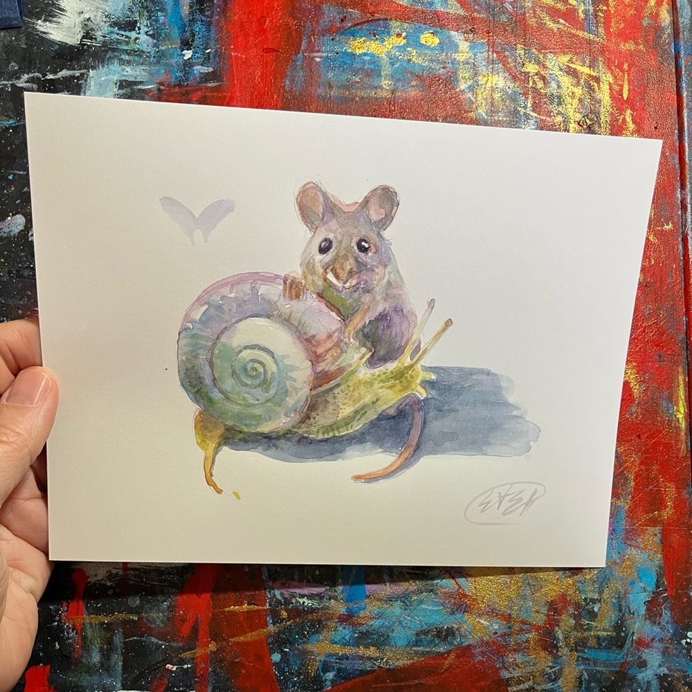Original Watercolor Painting Mouse Snail Whimsical nature decor Art Artettina US - Picture 5 of 6